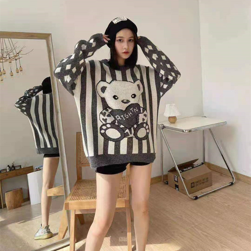 Women Wear Loose Pullover Striped Soft Waxy Bear Sweater