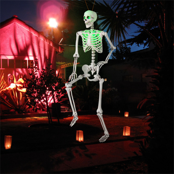 5.5ft Life-Size Pre-Lit Halloween Skeleton - Built-In Green LED Lights (Eyes/Chest), Fully Poseable Joints, PP+PE Material-20