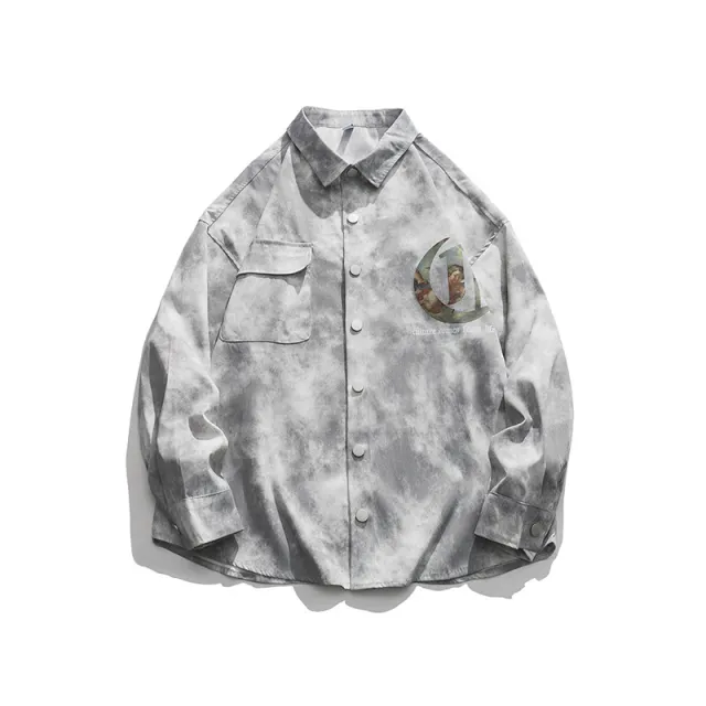 Street Fashion Print Casual Loose Shirt Jacket Light Grey - Shop at LoveMi