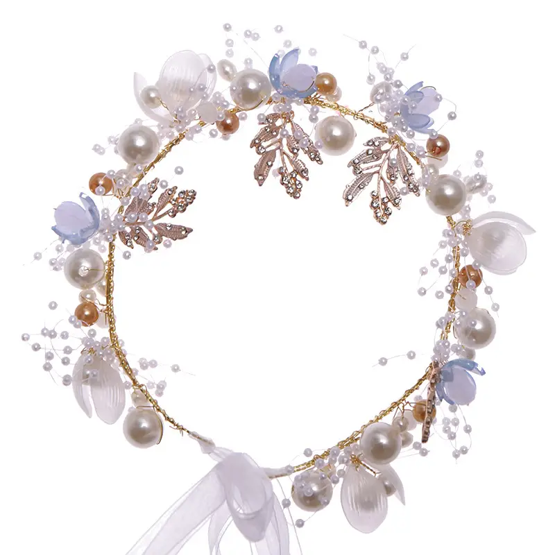 Multicolor Pearl Flower Headband Hand Braided Bridal Headband Tiara