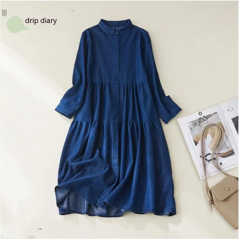 Fall Artistic Loose Plus Size Women's Shirt Collar Brushed White Stitching Ruffle Large Swing Skirt Denim - Dark Blue