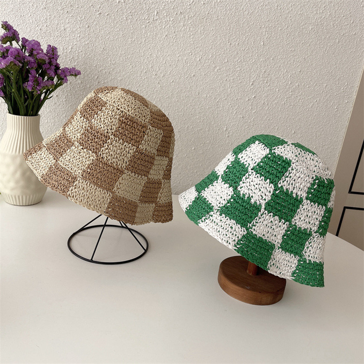 Checkerboard Plaid Coarse Wool Knitted Fisherman Hat Handmade For Women