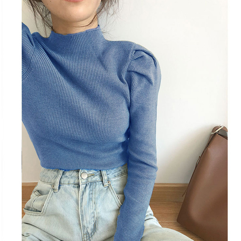 Puff Sleeve Half High Neck Knitted Bottoming Shirt
