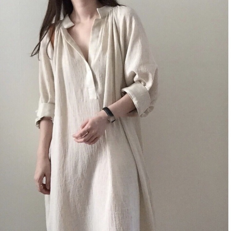 Spring And Autumn Dress Women’s Casual Stand Collar Three-quarter Sleeve Lantern