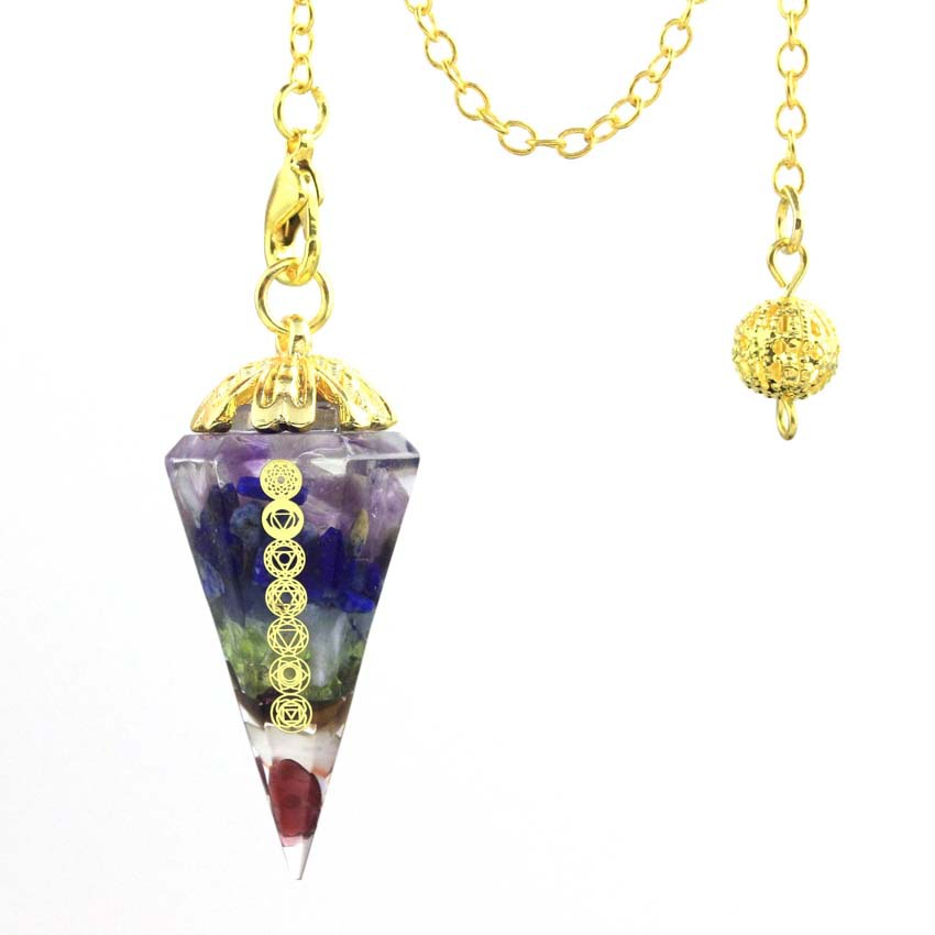 Natural Seven Chakra Crushed Stone Resin Hexagon Pendulum