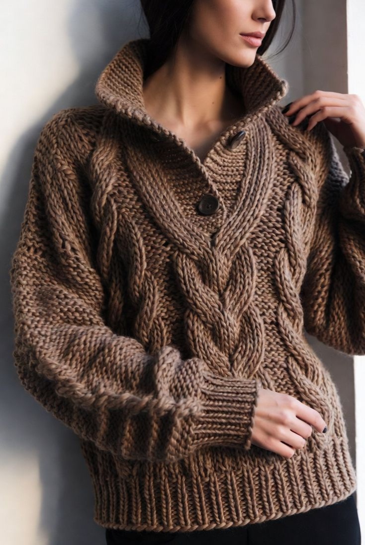 Maillard Vintage Chunky Cable Knit Jumper, Half Placket Thick Relaxed Fall Winter Knit Top
