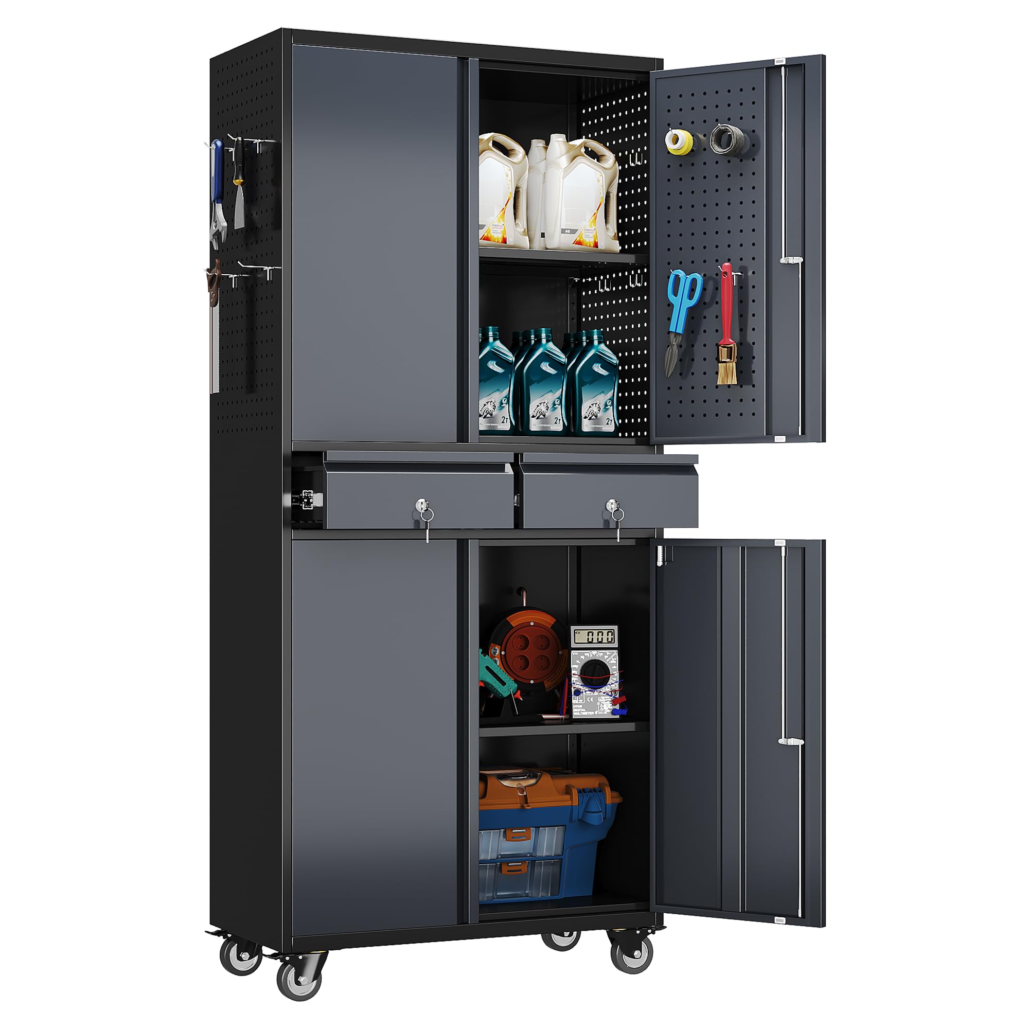 Garage Storage Cabinet With Wheels And 2 Drawers, Locking Metal Storage Cabinet With 2 Adjustable Shelves And 4 Doors For Garage, Home, Assembly Required, Black And Dark Gray