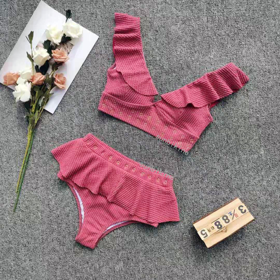 Solid Color Deep V Sexy Split Bikini Ruffled Ladies Swimsuit