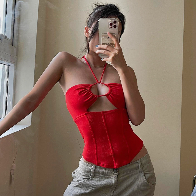 One-line Neck Hanging Neck Lace-up Small Vest Solid Color Top