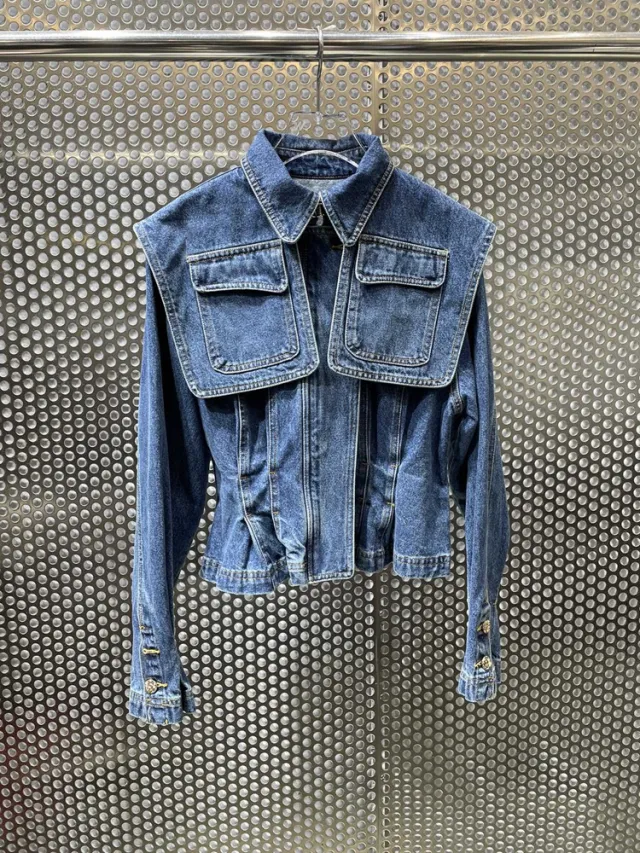 Distressed Stitching Pocket Denim Jacket With Waist Blue - Shop at LoveMi