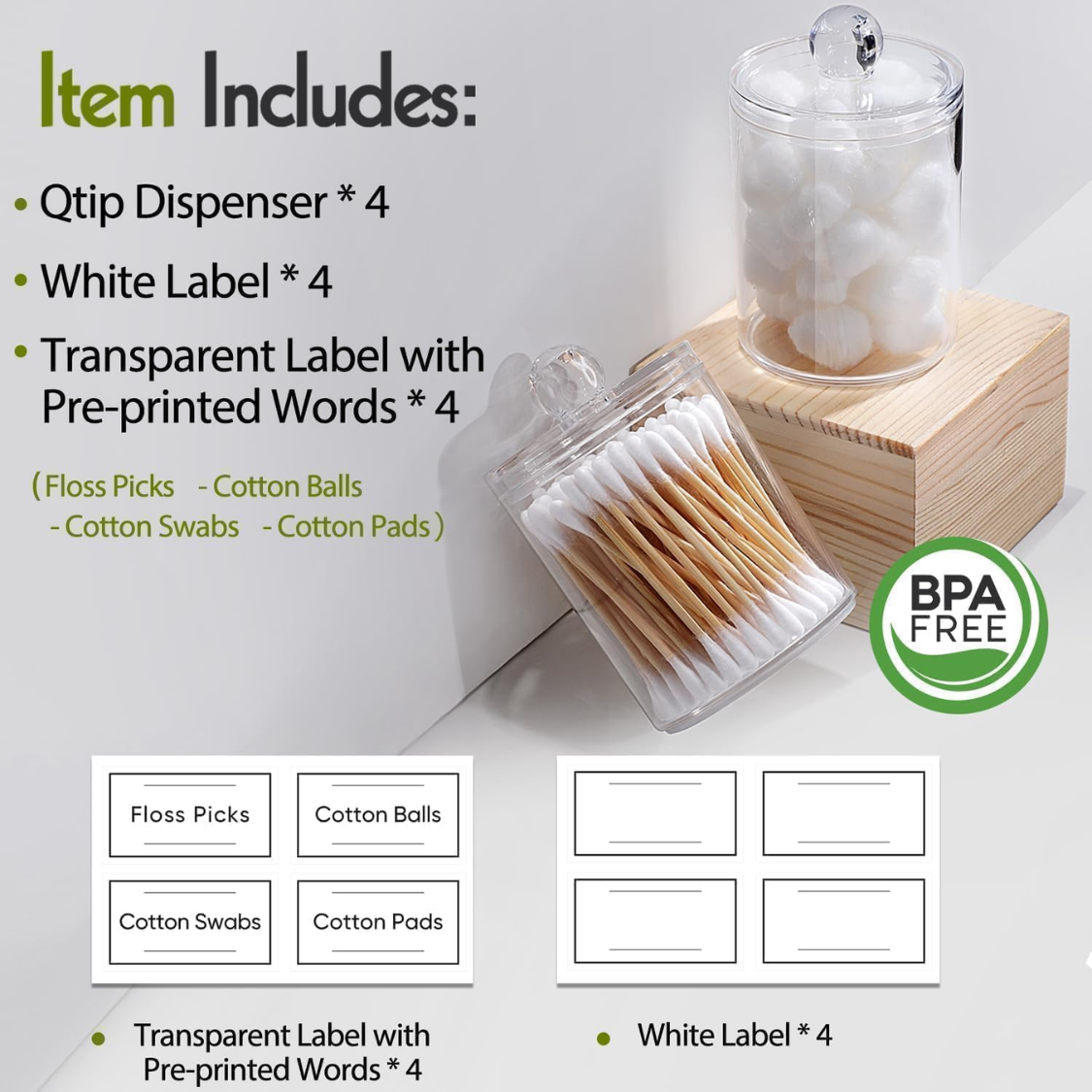 4 Pack Acrylic Qtip Holder Dispenser For Cotton Swabs, Balls, Pads, Floss Picks- Small Clear Acrylic Canister Apothecary Jar Set, Bathroom 4