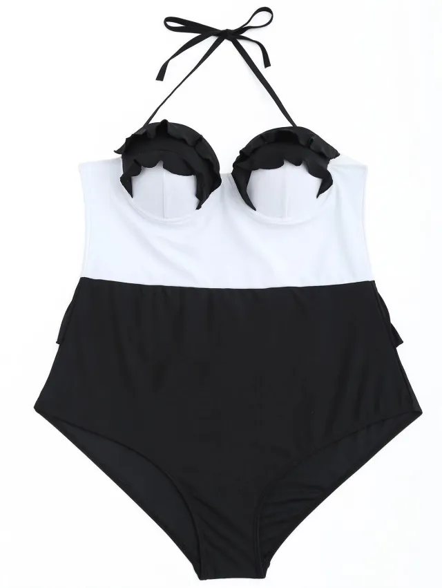 Women's Plus Size One Piece Black And White Patchwork Lace Swimsuit White - Shop at LoveMi