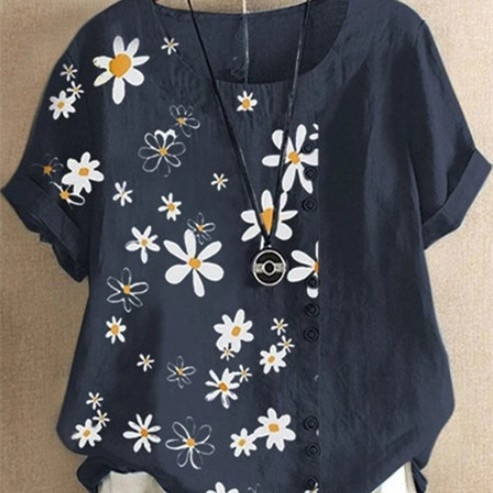 Vintage Cotton Linen Daisy Loose Casual Shirt Short Sleeve Women