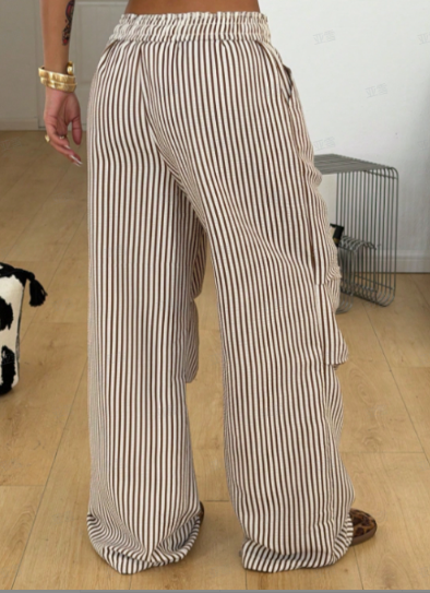 Brown And White Vertical Stripe Drawstring High Waist Pleated Wide Leg Casual Pants