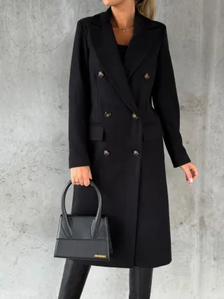 Double Breasted Lapel Coat Winter Fashion Solid Slim Long Jacket Long Sleeve Tops Womens Clothing - Black