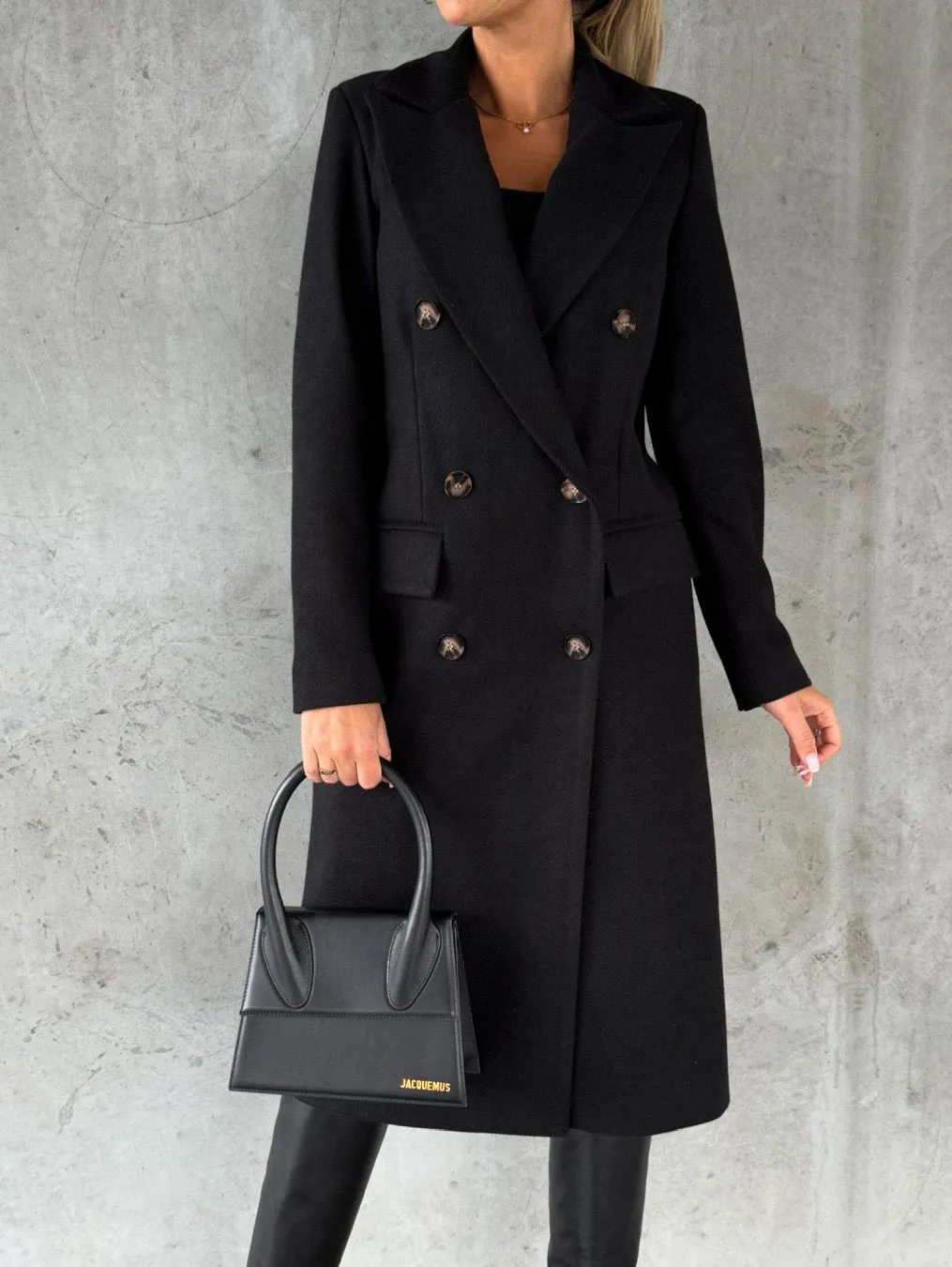 Double Breasted Lapel Coat Winter Fashion Solid Slim Long Jacket Long Sleeve Tops Womens Clothing - Black