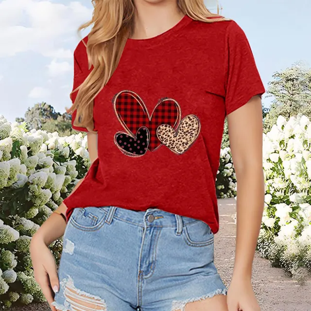 Women's Heart Plaid & Heart Leopard Print Short Sleeve Crew Neck T Shirt Casual Summer Tee Red - Shop at LoveMi