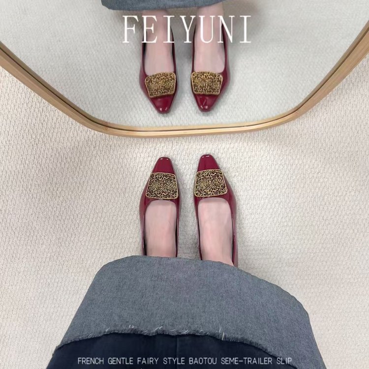 Mid Block Heel Women's Shoes, French Style Rhinestone Metal Buckle Slipon Shallow Mouth Lightweight Pumps For Spring And Autumn 6