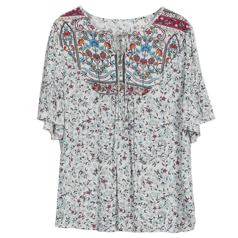 Title 3, Summer Round Neck Pastoral Print Round Neck Dra...