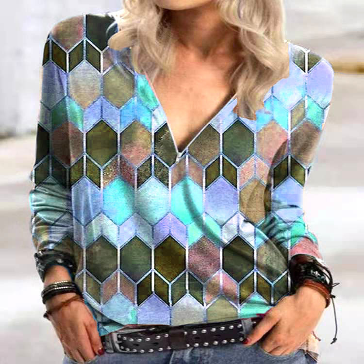 Title 10, Fashion Geometric Print Zipper Long-sleeved T-s...