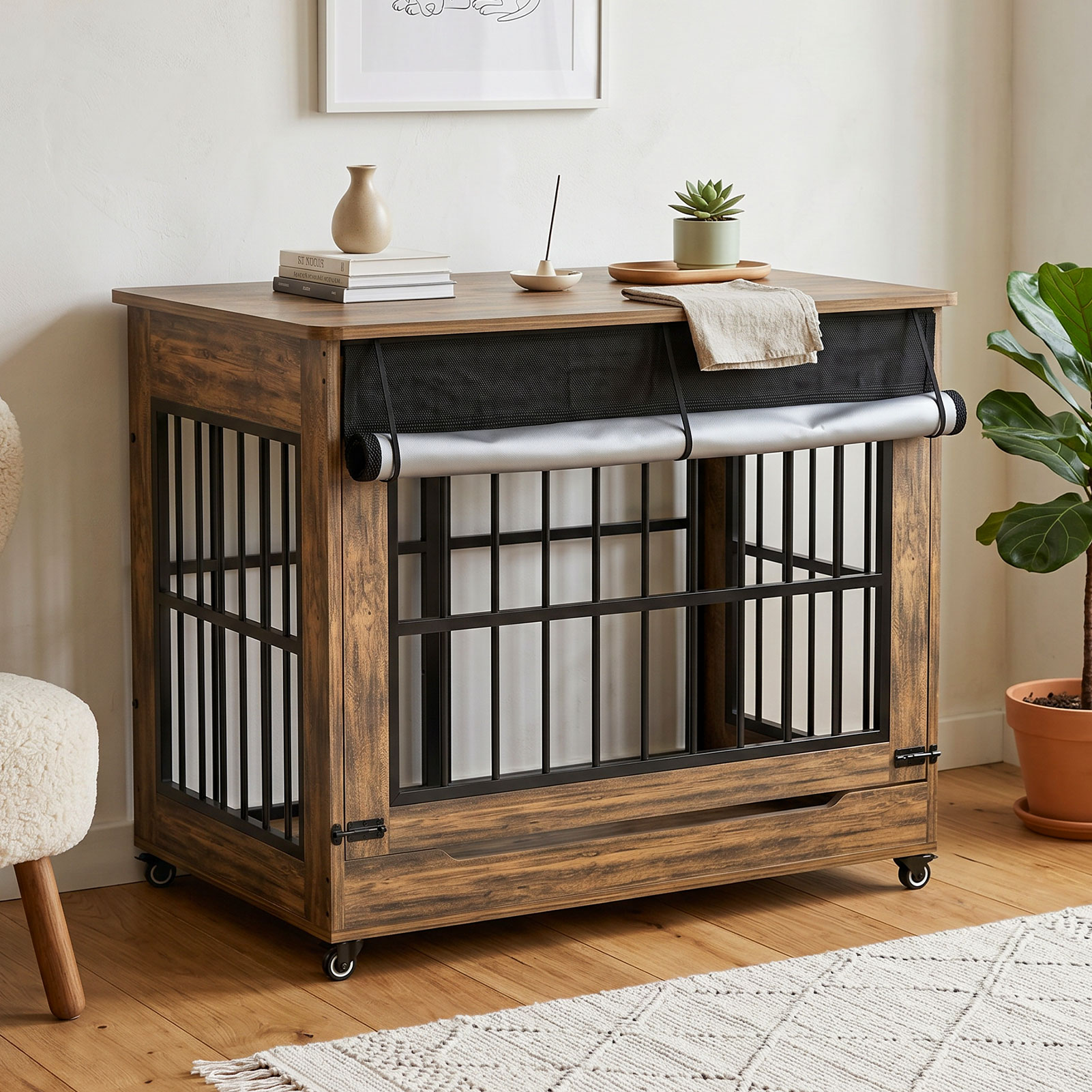 46in Large Dog Crate Furniture, Double Door Wooden Indoor Dog Kennel Furniture, Decorative Pet Cage End Table With Wheels For Extra Large Breed Dogs, Size 2XL, Greige — image 1