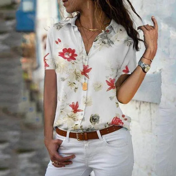 Summer New Style Women's Shirt Fashion Short Sleeved Blouse V Neck Printed Shirt White Red - Shop at LoveMi