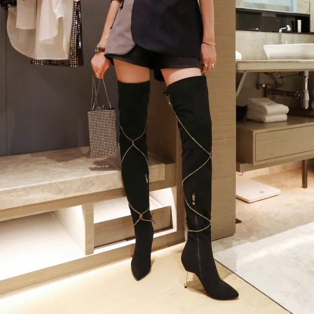 Pointed Toe Super Heel Over Knee Zip Lace Up Boots Black - Shop at LoveMi