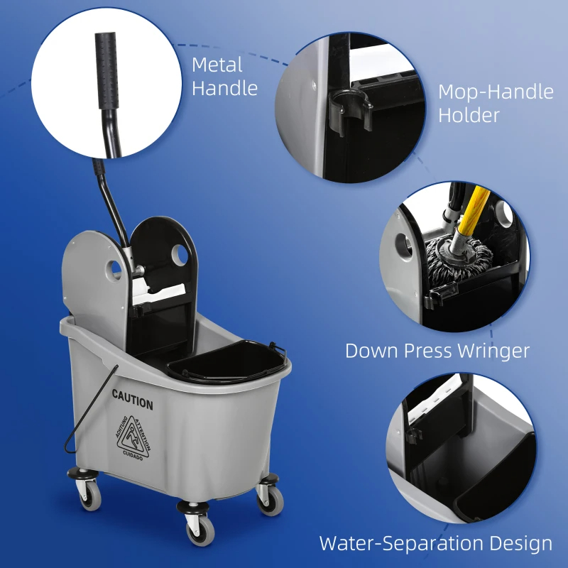 9.5 Gallon 38 Quart Mop Bucket With Wringer Cleaning Cart, 4 Moving Wheels, 2 Separate Buckets, & Mop-Handle Holder, Grey