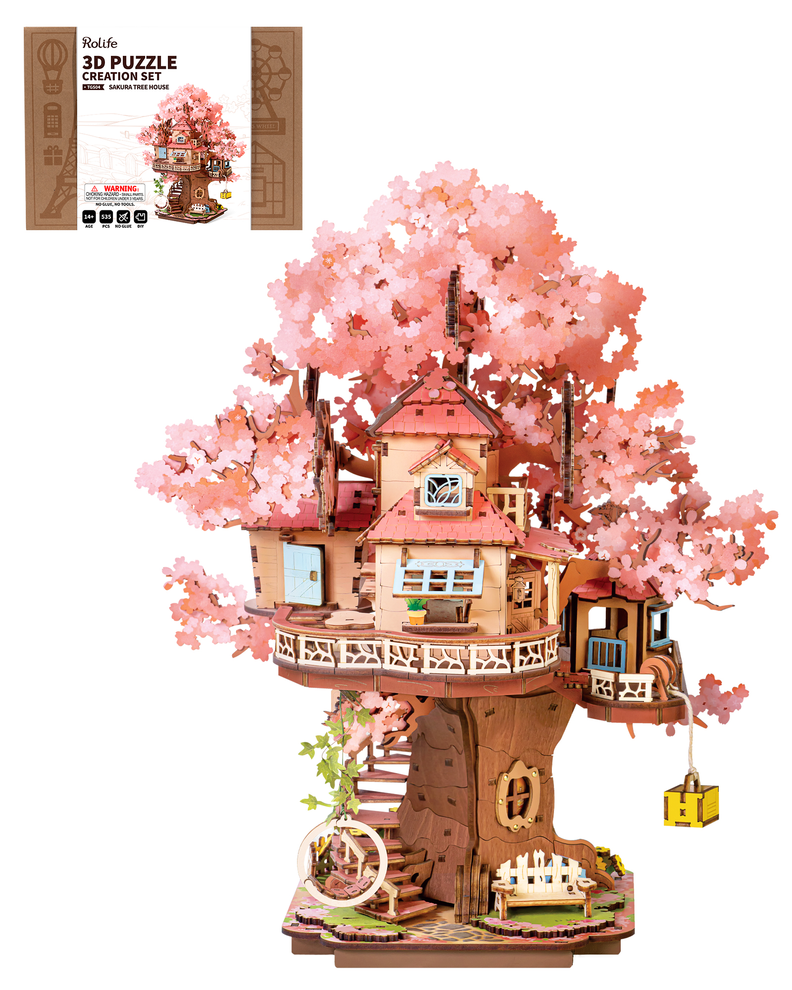 Rolife DIY Miniature Sakura House Set - Sakura Tree House, 3D Wooden Japanese Sakura Building Kit With Swing And Spiral Staircase, 535 Pieces, Bonsai Craft Home Decor Gift For Adults And Teens