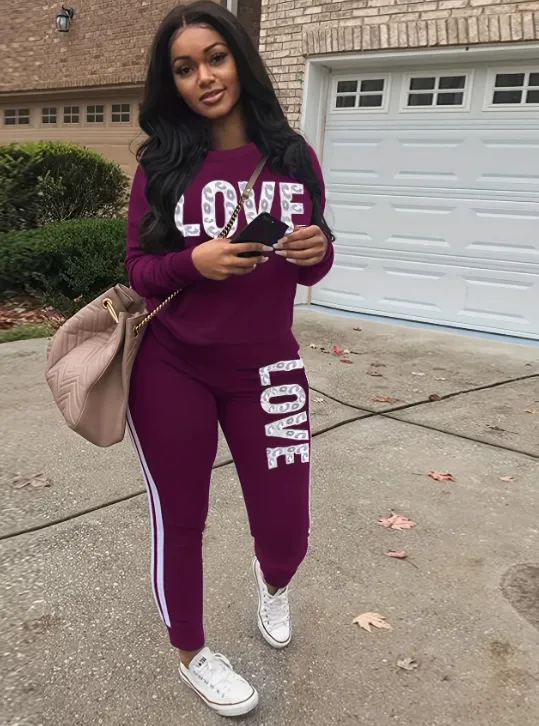 Chic Love Letter Printed Womens Two piece Set Burgundy - Shop at LoveMi