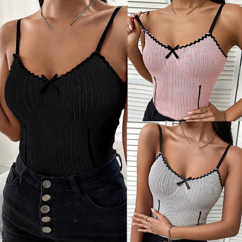 Women's Bow Lace Striped Slim Top