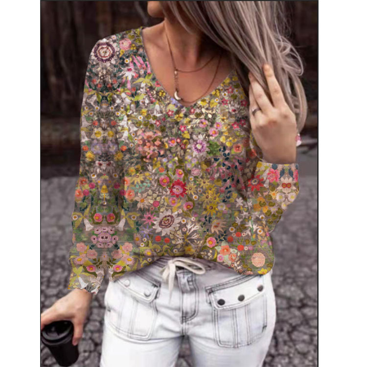 Women's V-neck Printed Long-sleeved T-shirt Bottoming Shirt