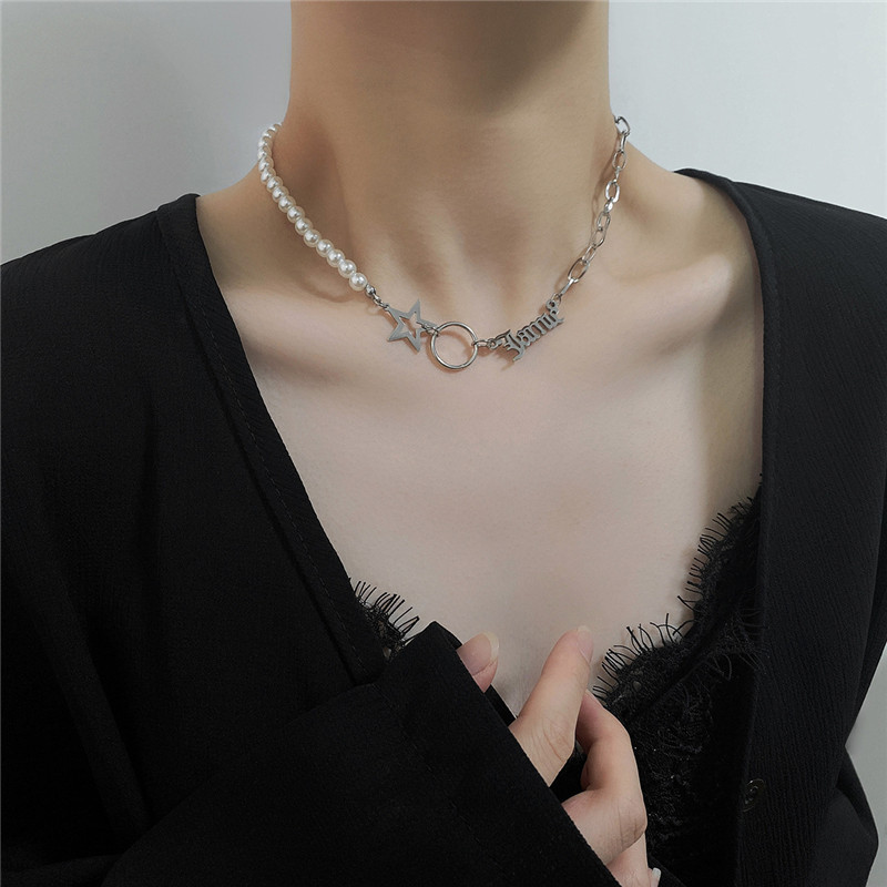 Personalized Hip-hop Five-pointed Star Letter Pearl Necklace