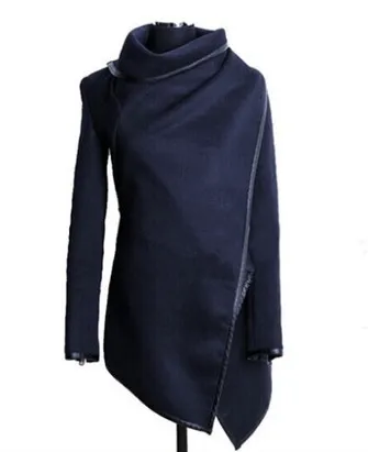Autumn And Winter Slim Temperament Woolen Coat Windbreaker Jacket - Navy