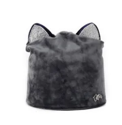 Autumn Winter Women's Beanies Cat Hat Ladies Warm Velvet Skullies With Flashing Rhinestone Ear Flaps Girls Cute Bonnet Touca - Dark Grey - View 1
