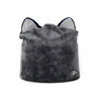 Autumn Winter Women's Beanies Cat Hat Ladies Warm Velvet Skullies With Flashing Rhinestone Ear Flaps Girls Cute Bonnet Touca Dark Gray - Shop at LoveMi
