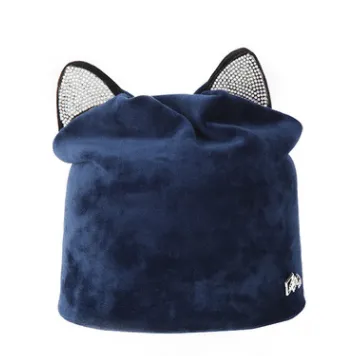 Autumn Winter Women's Beanies Cat Hat Ladies Warm Velvet Skullies With Flashing Rhinestone Ear Flaps Girls Cute Bonnet Touca Navy - Shop at LoveMi