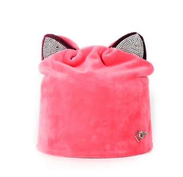 Autumn Winter Women's Beanies Cat Hat Ladies Warm Velvet Skullies With Flashing Rhinestone Ear Flaps Girls Cute Bonnet Touca Pink - Shop at LoveMi