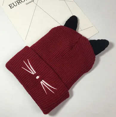 Cute cat ears beard embroidery knit hat wool hat female autumn and winter warm hooded hat tide Red Wine - Shop at LoveMi