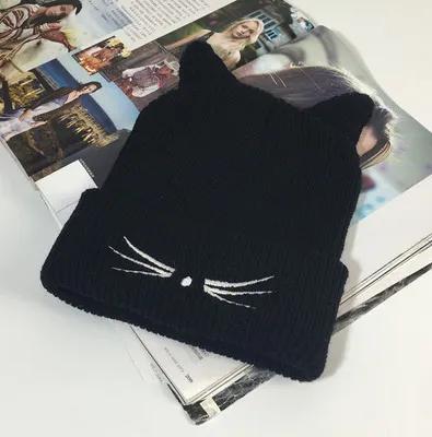 Cute cat ears beard embroidery knit hat wool hat female autumn and winter warm hooded hat tide Black - Shop at LoveMi
