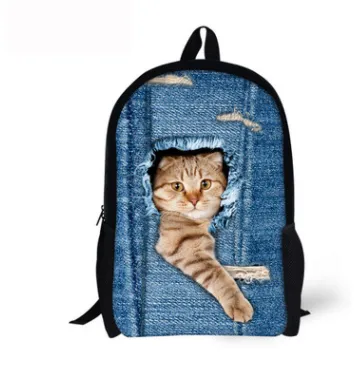 FORUDESIGNS Cat Backpack Cute 3D Animal Denim Backpacks for Children Boys Girls Casual Kids School Bag Mochila Travel Backpack - C3303C-42×28×14Cm