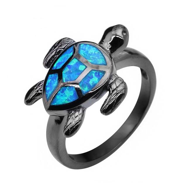 Vintage black gun metal blue turtle form opal ring jewelry for women party cocktail ring mode specific friend gift