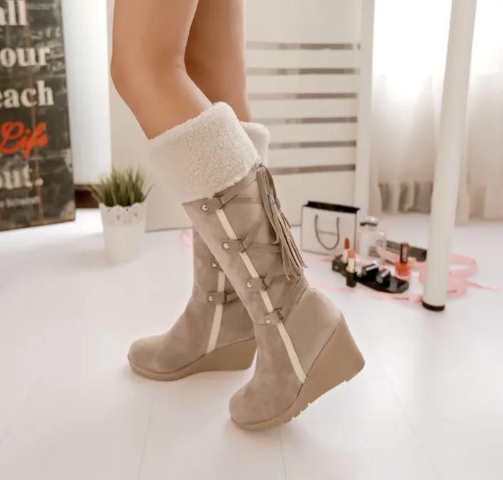 AIWEIYi Women Knee High Boots Wedge High Heels Shoes Knight Boots Warm Winter Boots Lady Shoes Black Yellow Fur Snow Boots - Beige