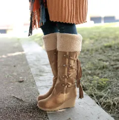 AIWEIYi Women Knee High Boots Wedge High Heels Shoes Knight Boots Warm Winter Boots Lady Shoes Black Yellow Fur Snow Boots - Yellow - View 1