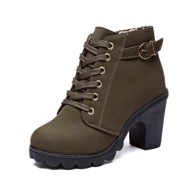 Cuculus New Spring Winter Women Boots Solid Lace up European Ladies shoes PU Fashion high heels Boots 656 Green - Shop at LoveMi