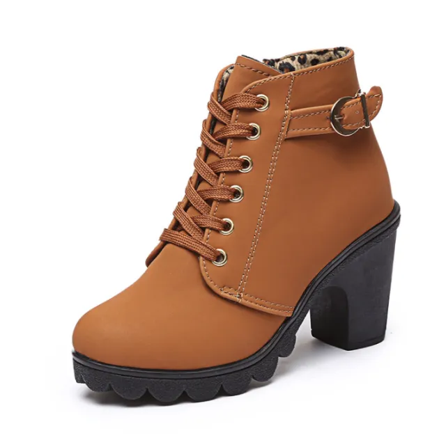 Cuculus New Spring Winter Women Boots Solid Lace up European Ladies shoes PU Fashion high heels Boots 656 Brown - Shop at LoveMi