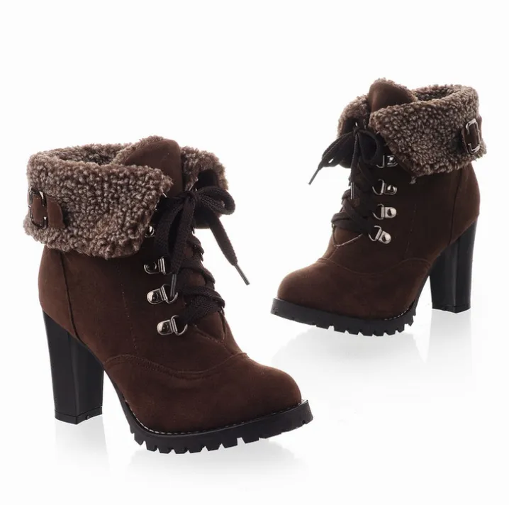 High-heeled scrub short boots - Brown