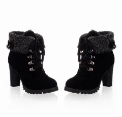High-heeled scrub short boots - Black - View 1