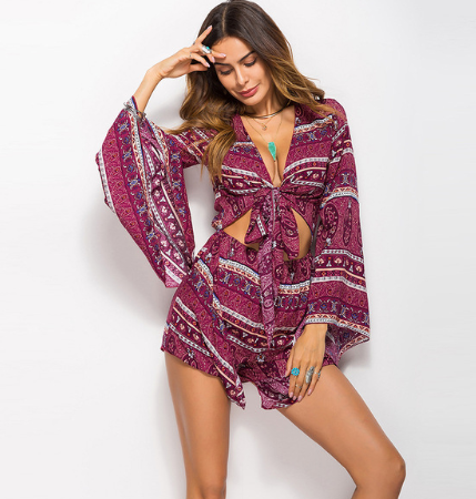 Spring and summer new women's European and American leisure holiday wind print jumpsuit shorts Red - Shop at LoveMi