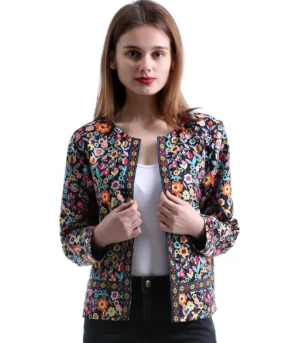 Floral round neck coat baseball uniform tops women - Floral